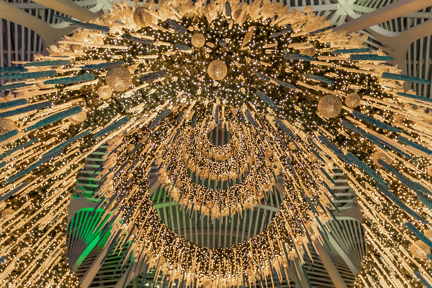 Image looking up through a tree decorated in gold and sprakling lights for the holidays