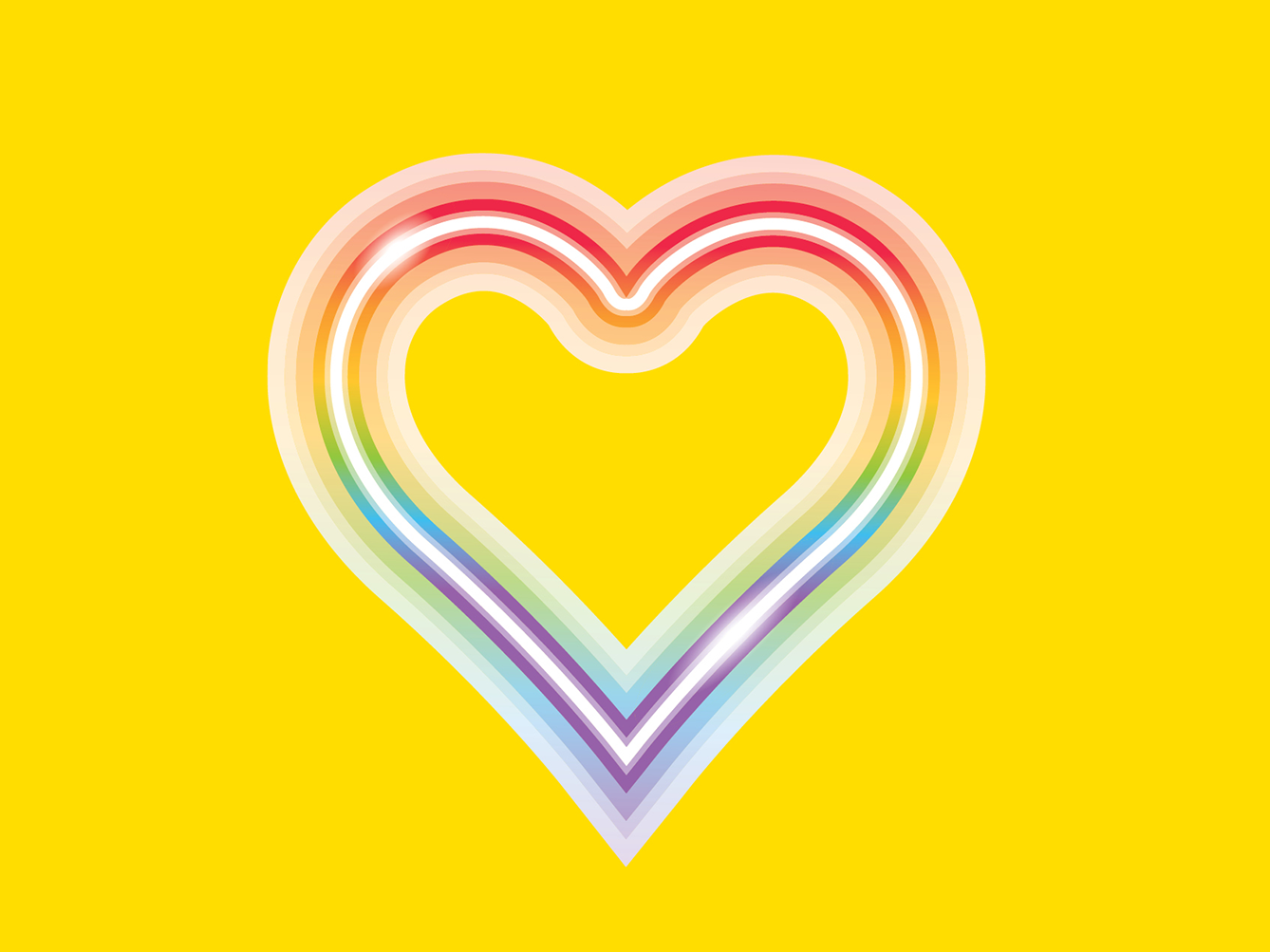 Decorative image of a rainbow colour heart over a yellow ground