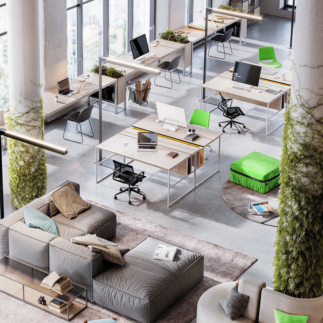 Decoritve image of an office space with greenery covered columns and bright green accents