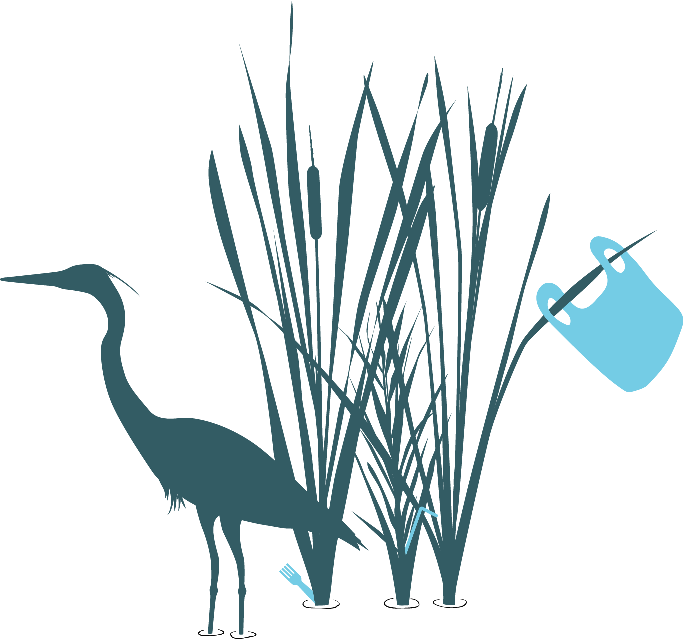 Illustration of a heron standing in water and grass with plastic waste integrated into the surroundings